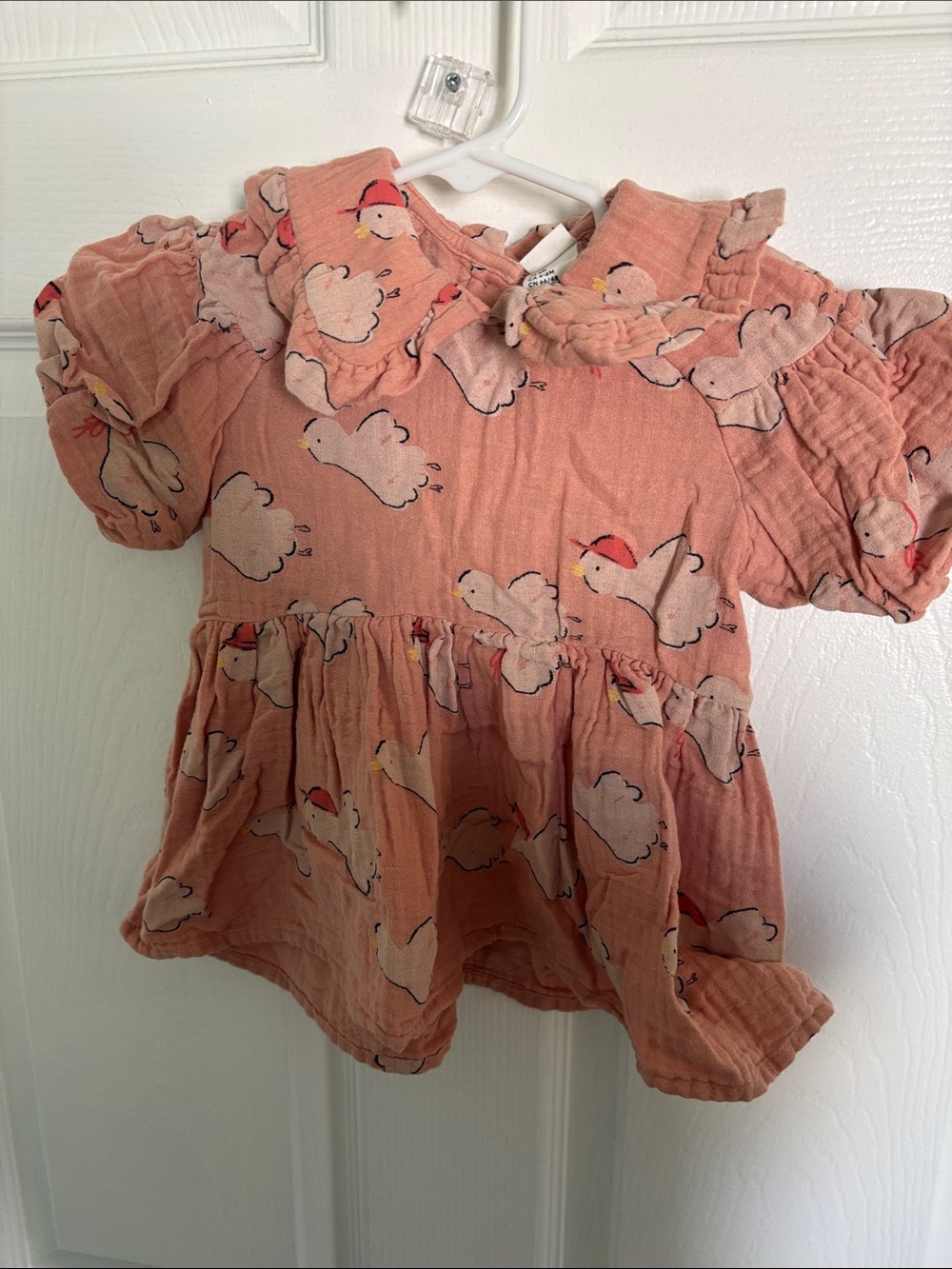 Girls' Peach Bird Print Cotton Dress